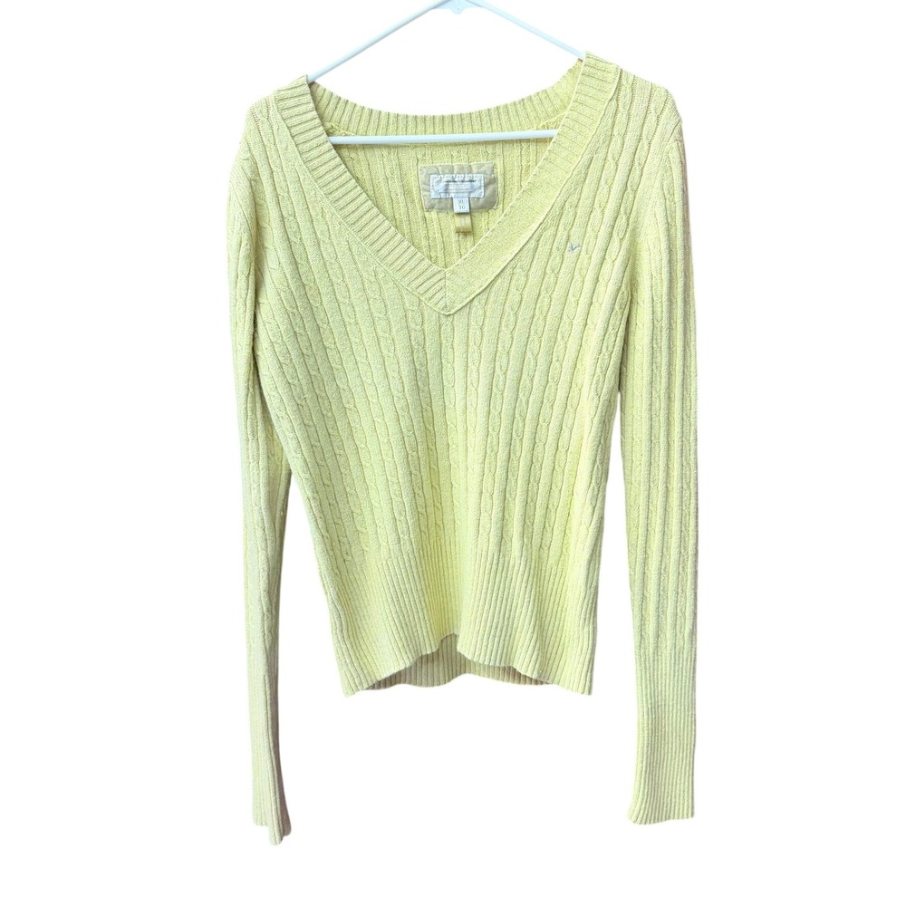 American Eagle Sweater Women XL Butter Yellow Cable Knit VNeck Wool Angora Blend